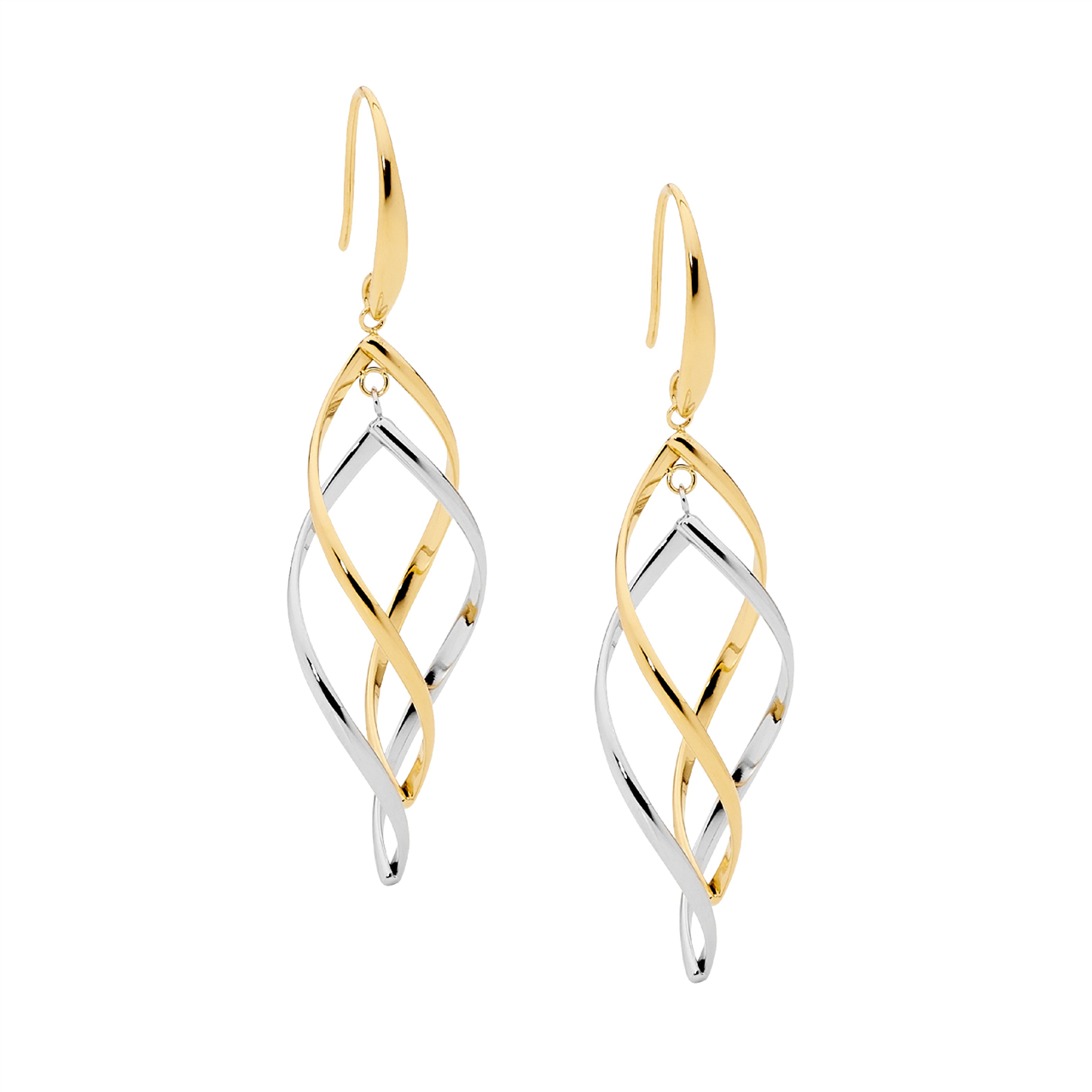 Stainless steel open dbl twist drop earrings  with  2 tone gold IP plating
