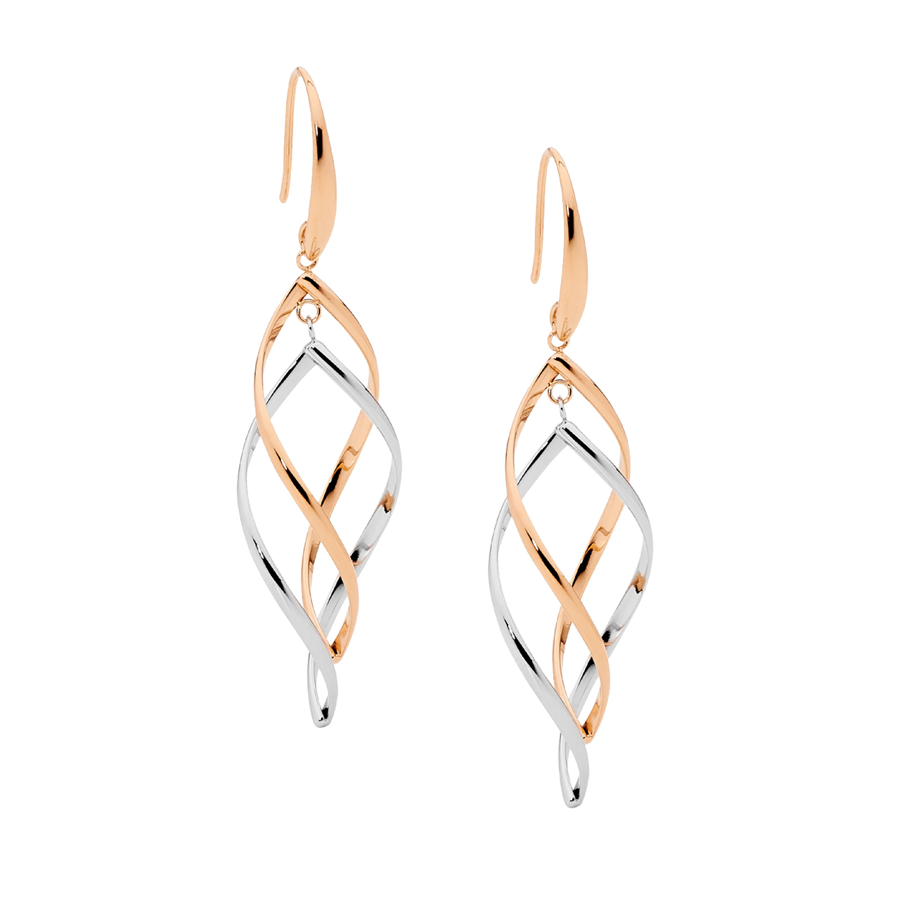Stainless steel open dbl twist drop earrings  with  2 tone rose gold IP plating