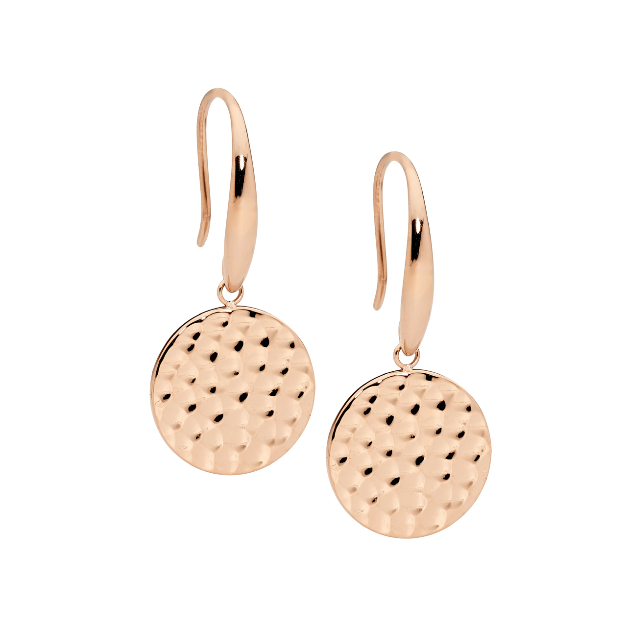 Stainless steel 15mm hammered disk on shp/hook  with rose gold IP plating earrings