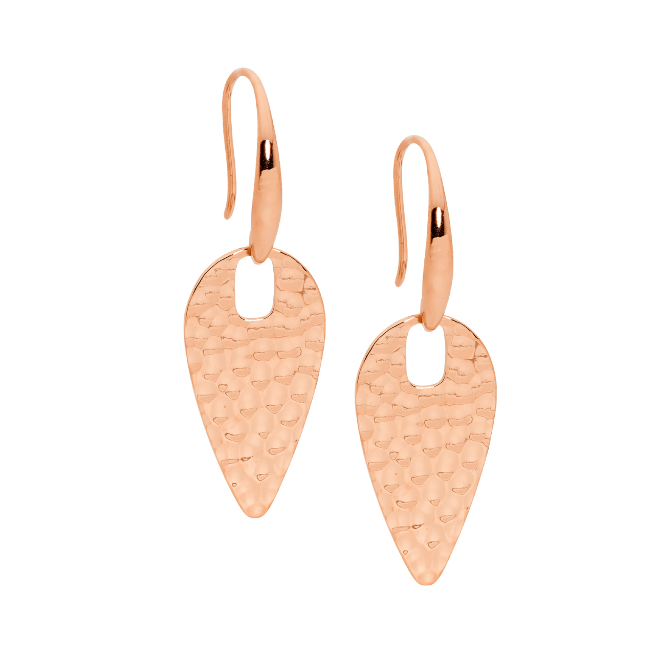 Stainless steel hammered spear drop earrings  with  rose gold IP plating