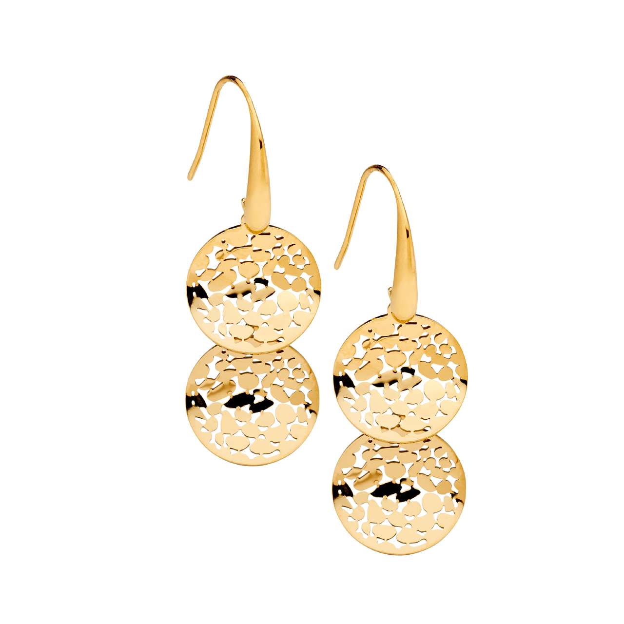 Stainless steel wave disk x 2 on shp hook  with  gold IP plating earrings