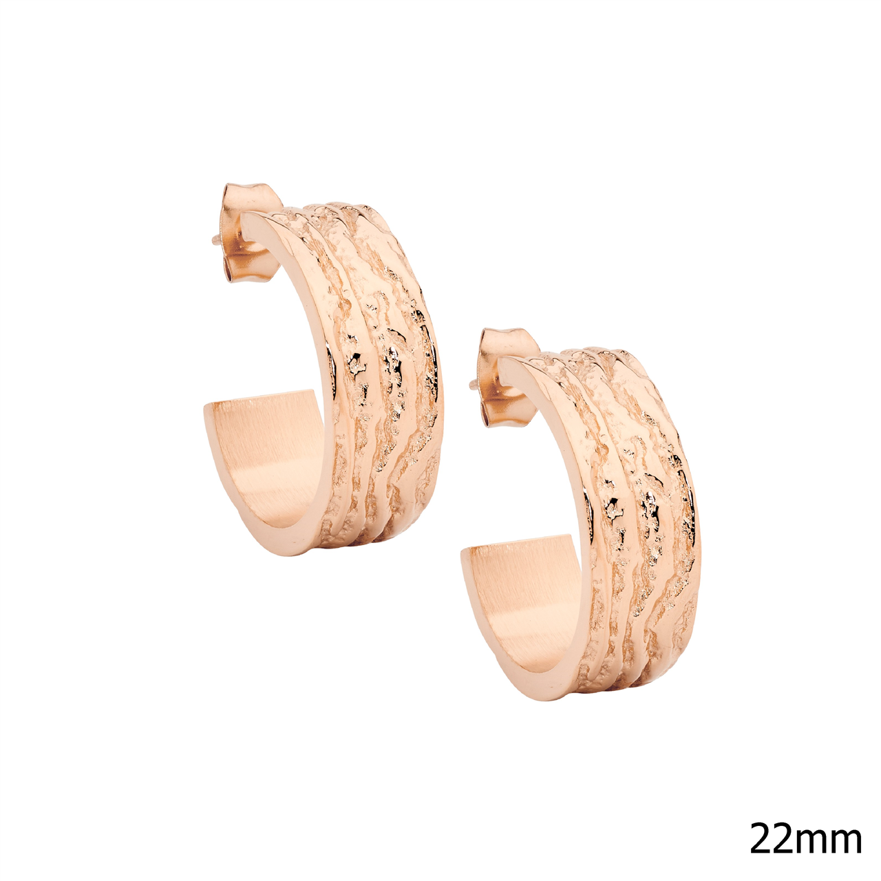 Stainless steel wave feature 22mm hoop earrings, rose gold IP plated