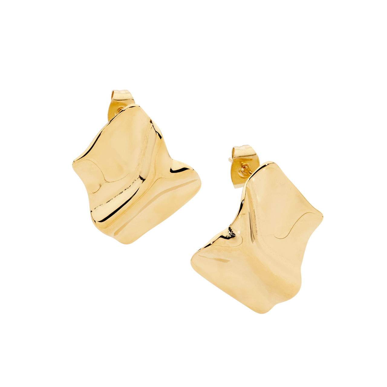 Stainless steel crease rectangle stud earrings, gold IP plated