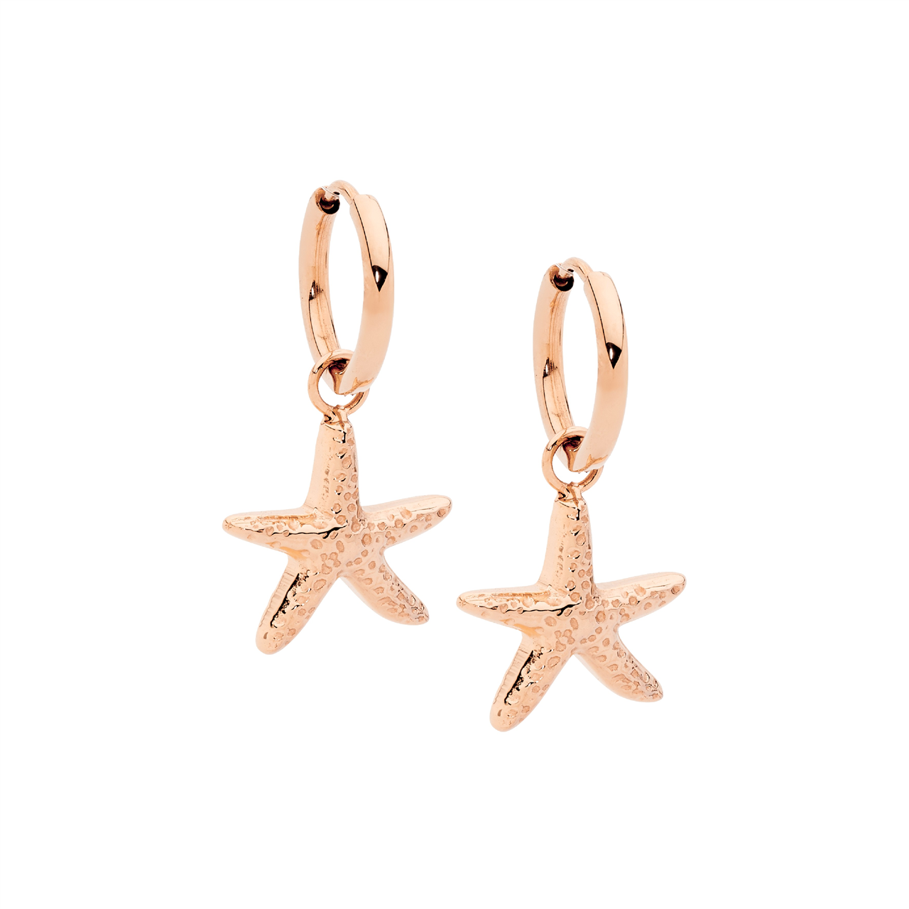 Stainless steel 11mm hoop earrings  with  starfish drop, rose gold IP plated