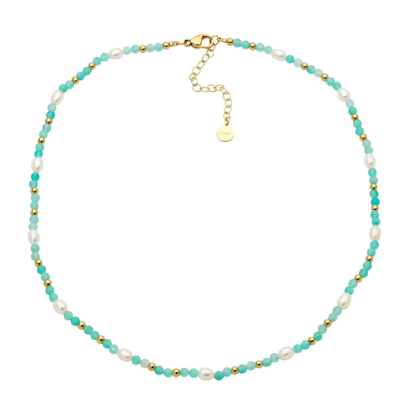 Stainless steel amazonite & freshwater pearl 40cm necklace  with gold IP plating