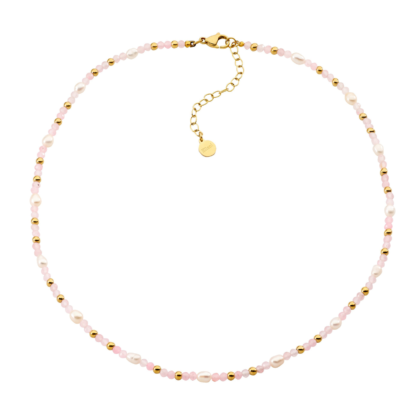 Stainless steel rose quartz & freshwater pearl 40cm necklace  with gold IP plating